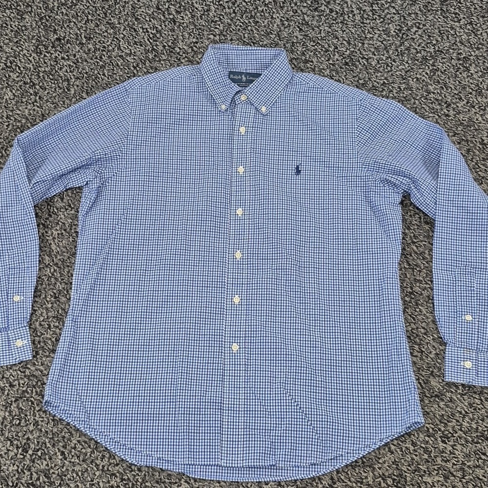 Ralph Lauren Long Sleeve Mens Large Blue Check Button Down Custom Fit - Picture 2 of 9